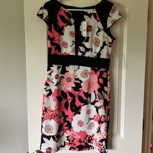 New York and Company cap sleeve 10 paisley peach and black knee length dress